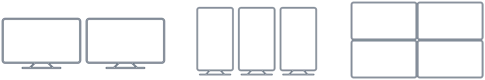 Display formats: twin landscape screens, portrait totems, and a video wall
